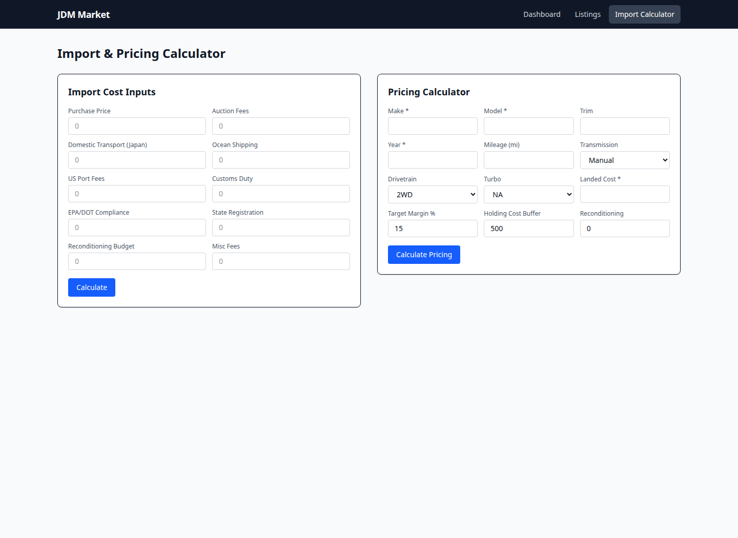 Import and pricing calculator with landed cost and retail pricing inputs